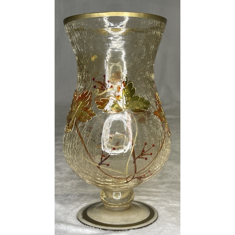 Autumnal Leaves Crackle Glass Vase Gold Trim Leaf Design Autumn Fall Decor 10.5" - Picture 3 of 5